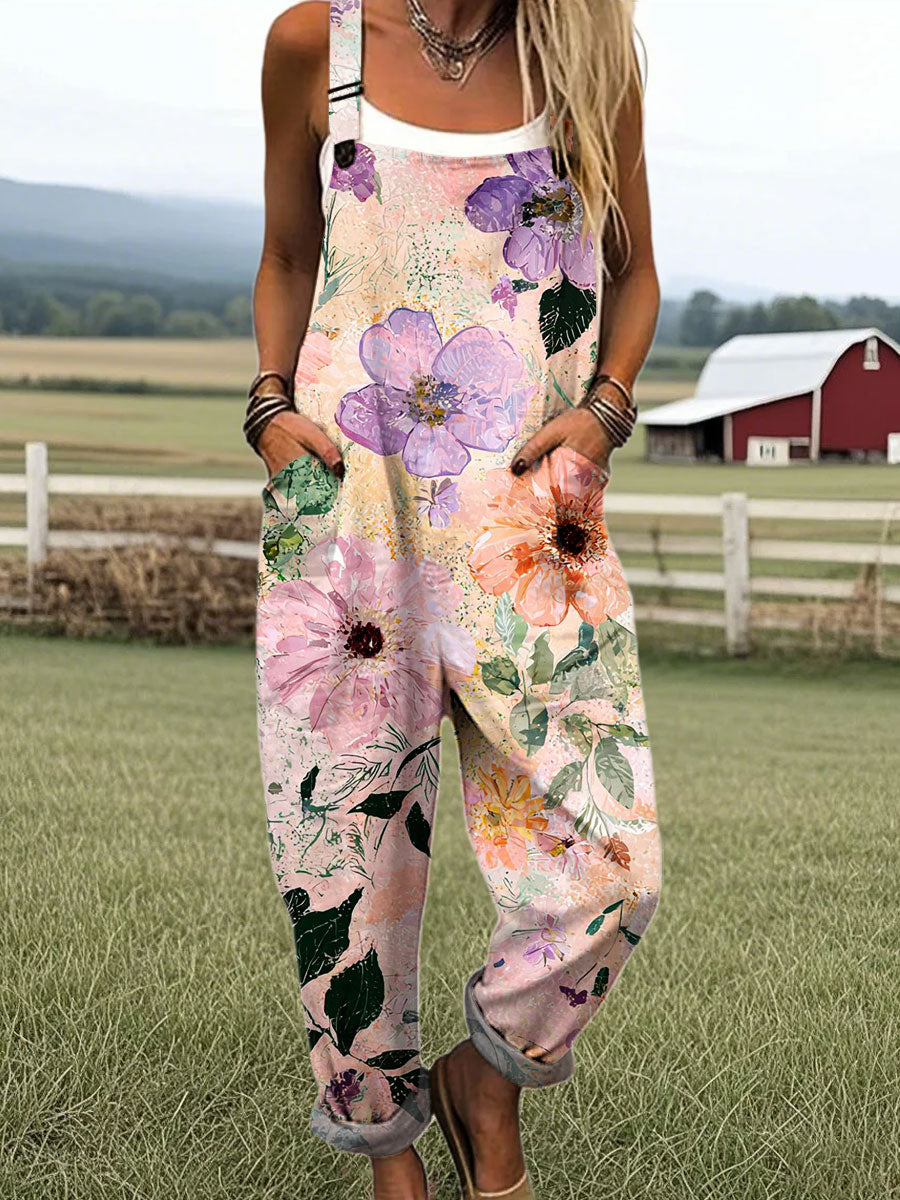 Women's Vintage Floral Art Print Casual 100% Cotton Wide Leg Jumpsuit