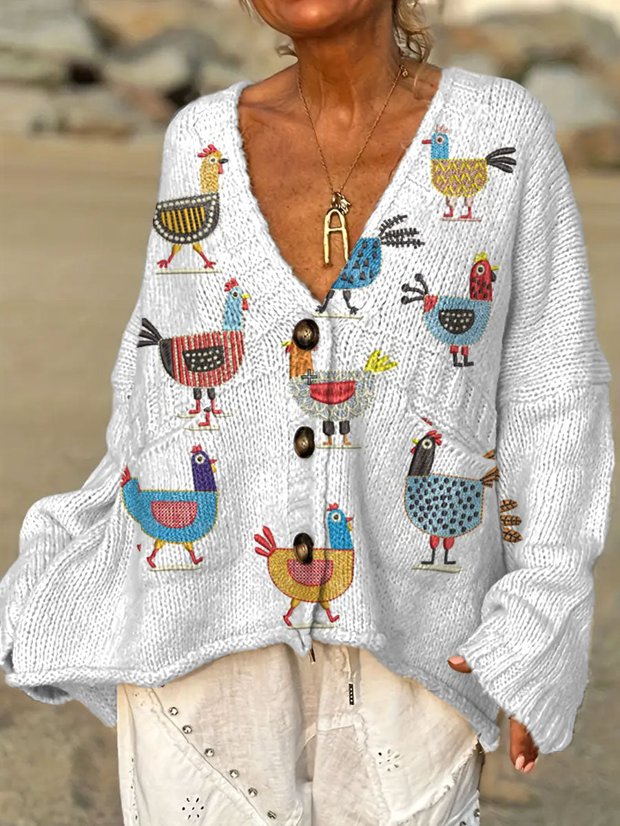 womens-vintage-chicken-art-print-casual-pullover-sweater
