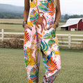Women's Lovely Animals Art Print Casual 100% Cotton Wide Leg Jumpsuit