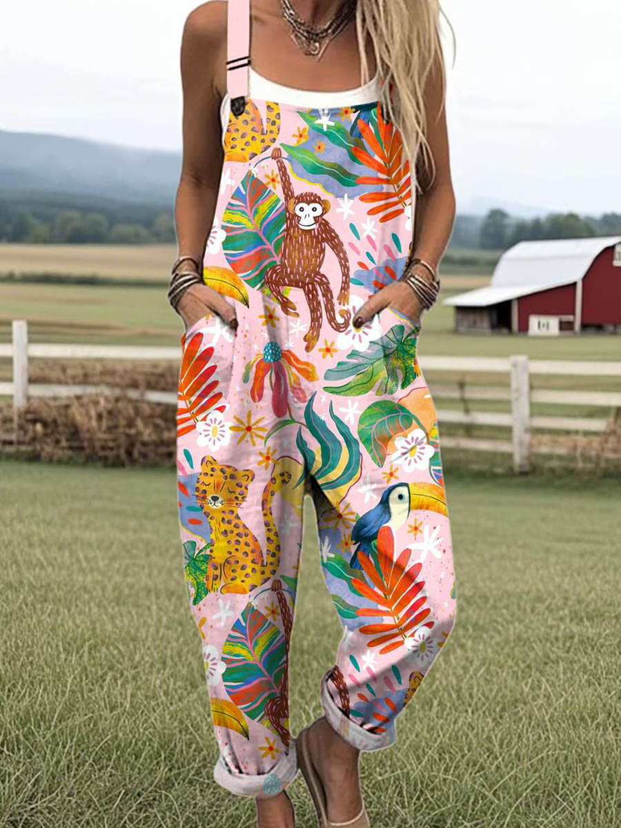 Women's Lovely Animals Art Print Casual 100% Cotton Wide Leg Jumpsuit