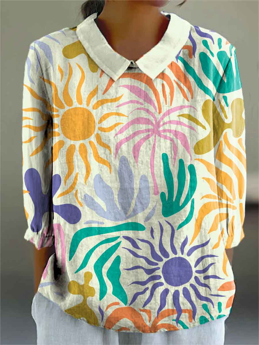 Women's Abstract Colorful Sun Floral Pattern Print Casual Cotton And Linen 3/4 Sleeve Shirt