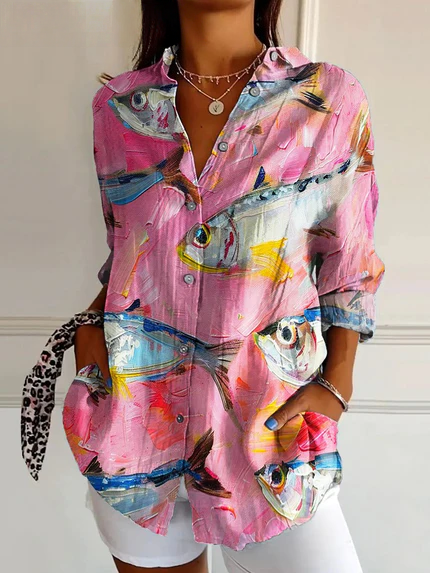 Chemise décontractée en coton pour femme avec imprimé poisson vintage 