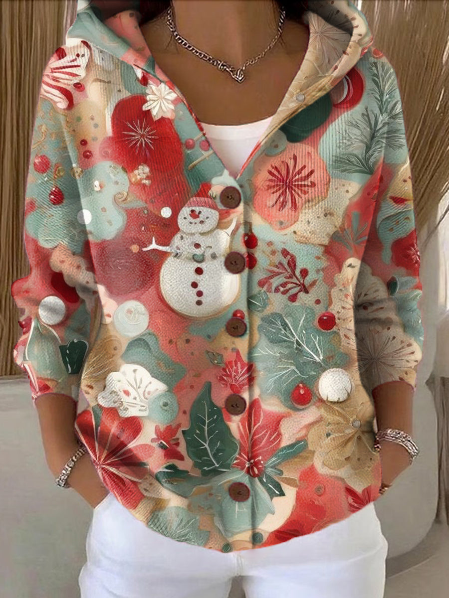 Women's Beautiful Colorful Winter Snowman Decorative Painting Art Print Casual Hooded Button Sweater