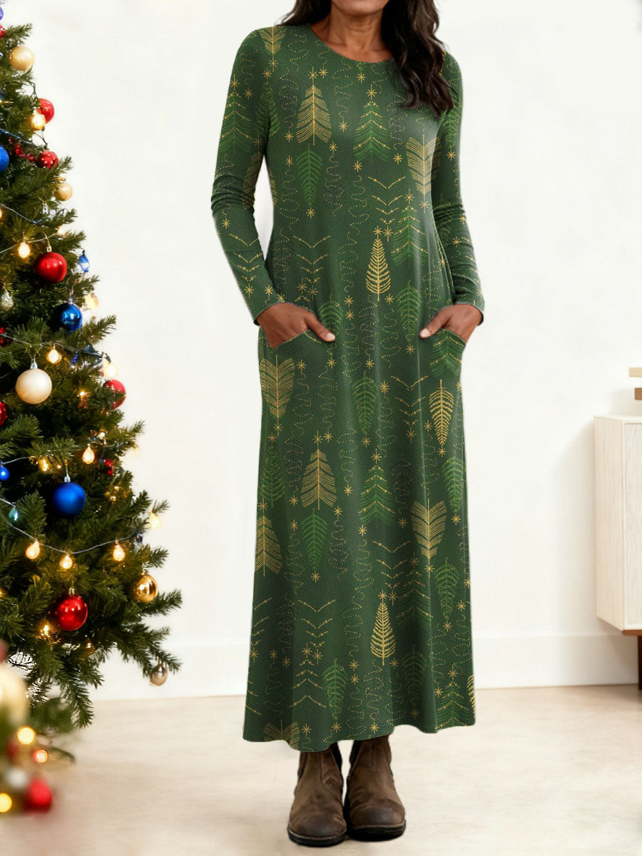 Women's Christmas Tree Pattern Art Print Long-sleeved Dress