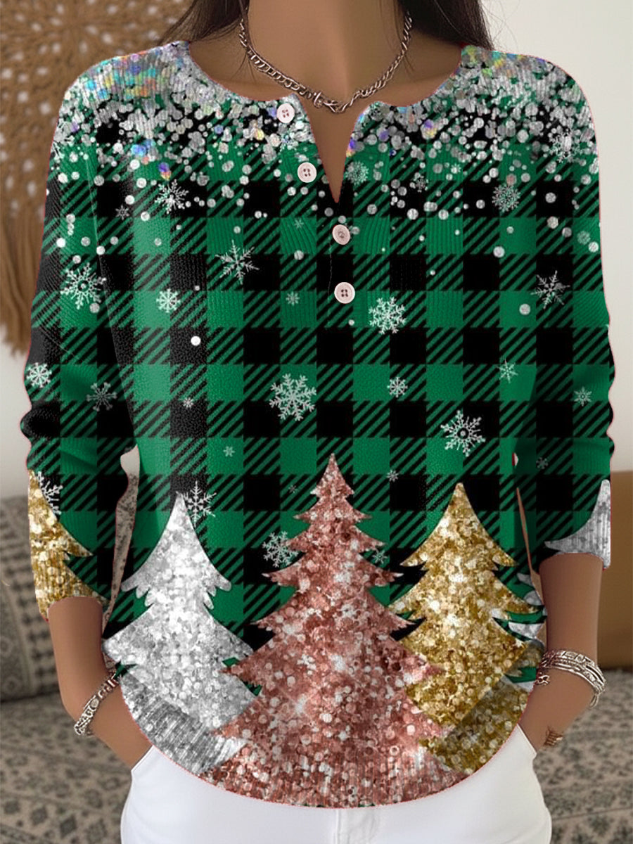 Vintage Winter Snowflake Christmas Tree Painting Art Print Buttoned Cardigan Sweater