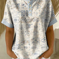 Retro Distressed Print Loose-fit Cotton-linen Short-sleeve Shirt