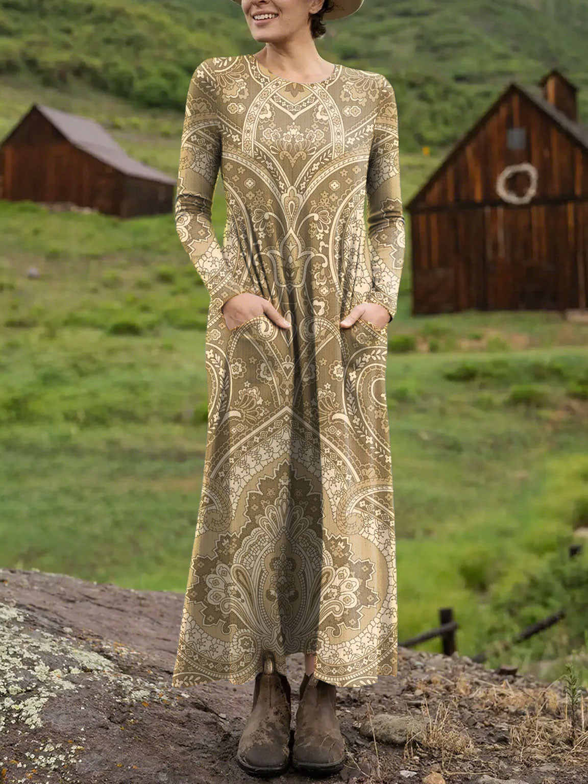 Women's Vintage Flower Art Print Long-sleeved Dress