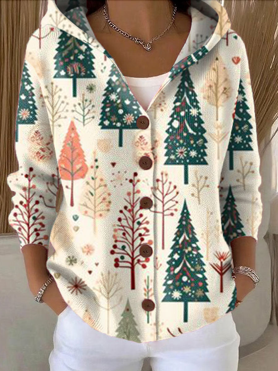 Women's  Christmas Tree Art Printed Casual Hooded Button Sweater