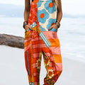 Women's Vintage Abstract Geometric Flower Art Print Casual 100% Cotton Wide Leg Jumpsuit