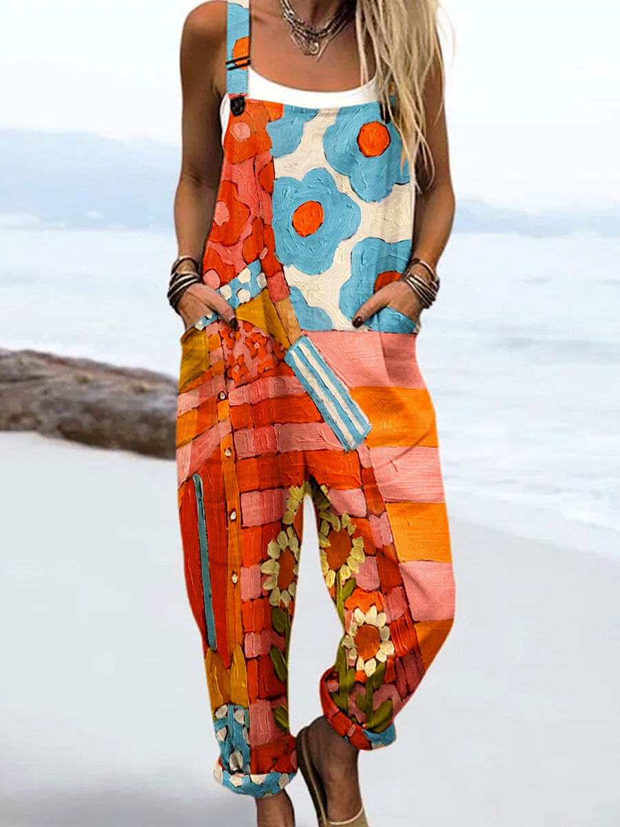 Women's Vintage Abstract Geometric Flower Art Print Casual 100% Cotton Wide Leg Jumpsuit