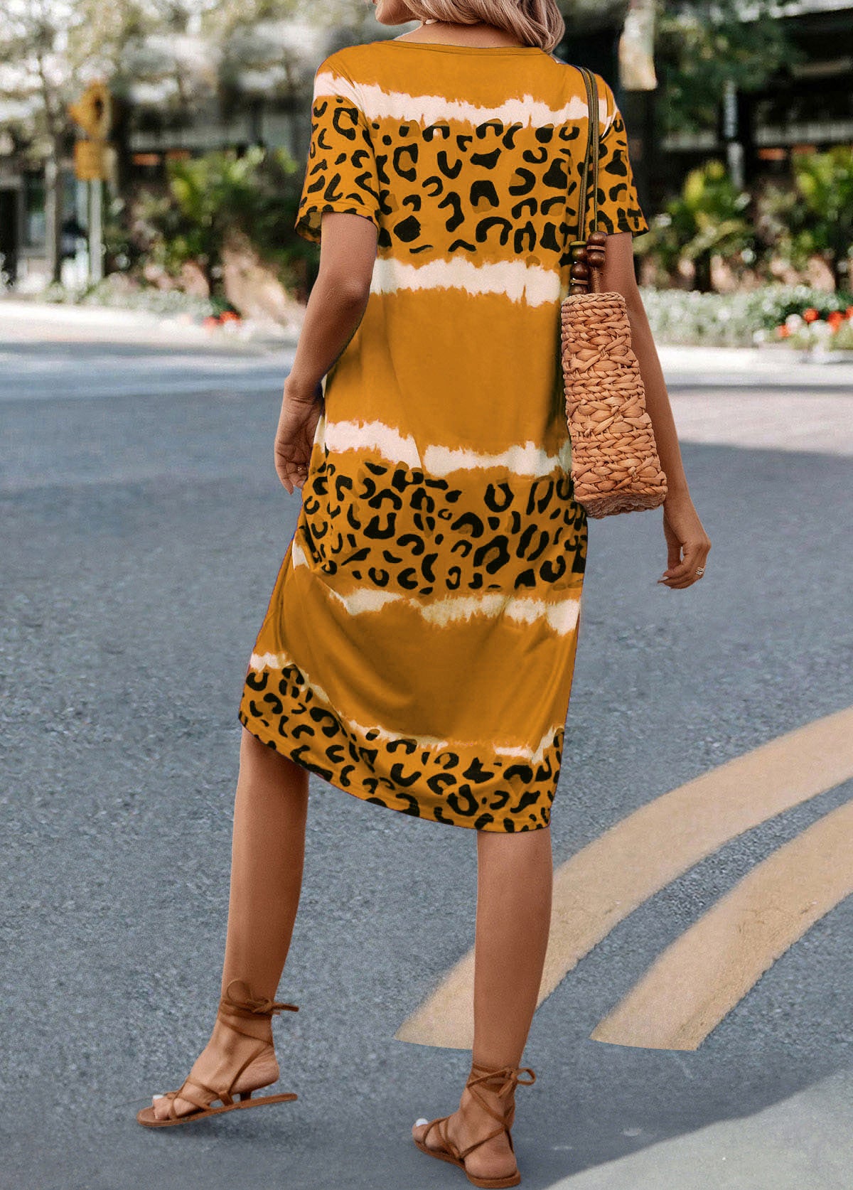 Yellow Leopard H Shape Short Sleeve Dress