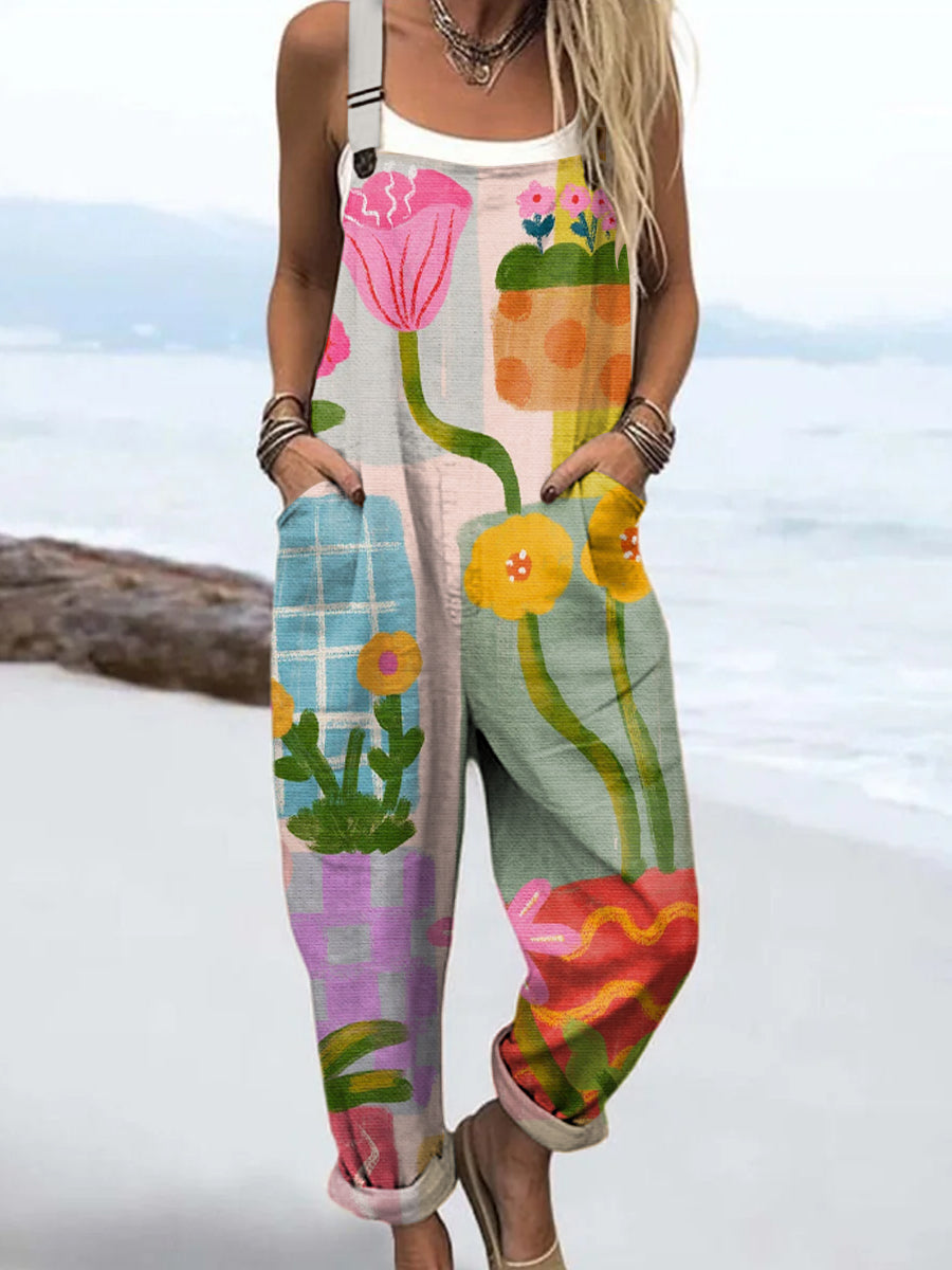 Women's Colourful Art Cartoon Flower Print Casual 100% Cotton Wide Leg Jumpsuit