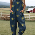 Women's Lovely Bees Art Print Casual 100% Cotton Wide Leg Jumpsuit