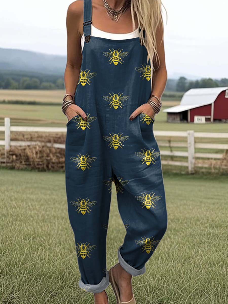 Women's Lovely Bees Art Print Casual 100% Cotton Wide Leg Jumpsuit