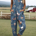 Women's Lovely Farm Animals Art Print Casual 100% Cotton Wide Leg Jumpsuit