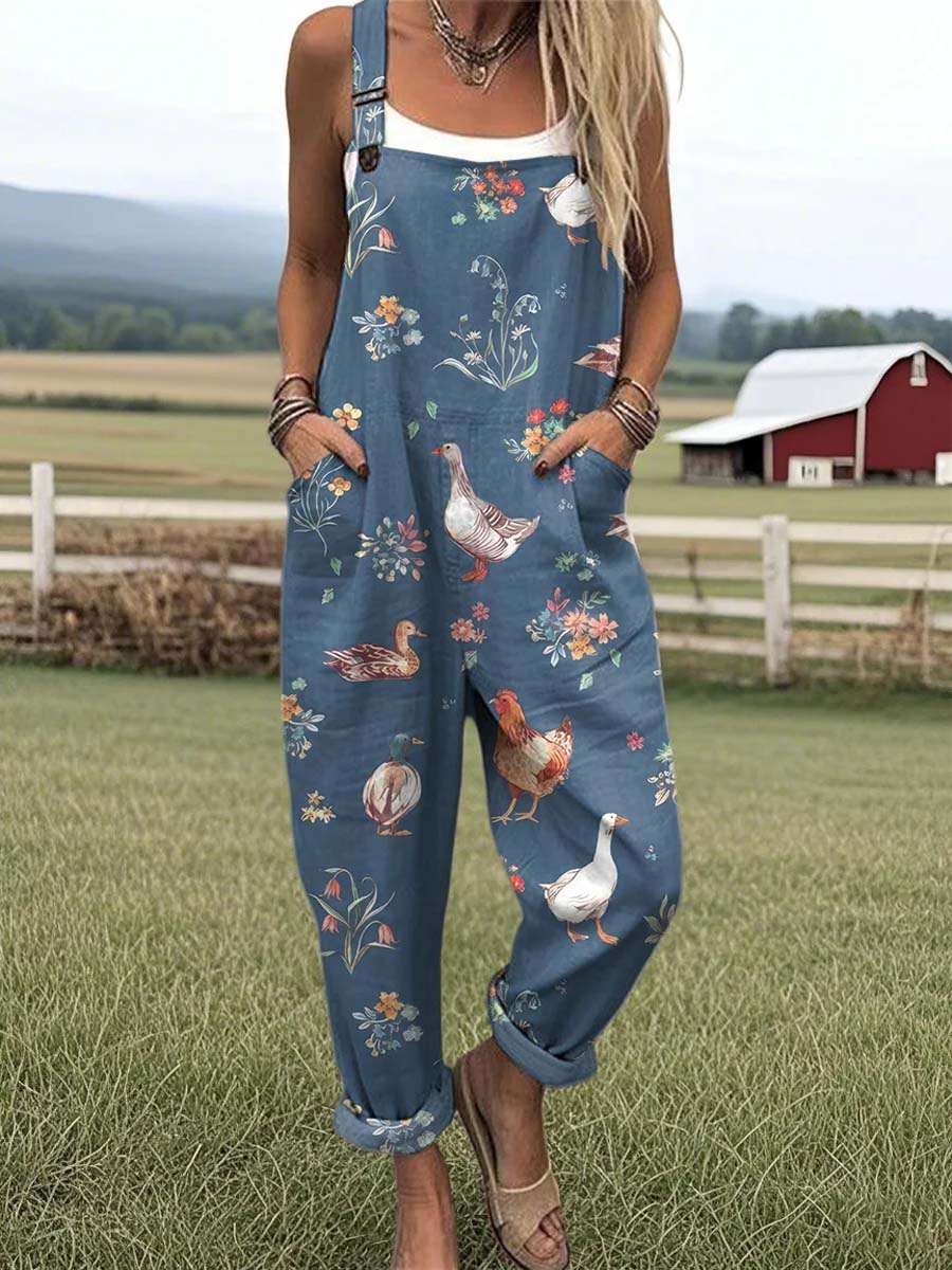 Women's Lovely Farm Animals Art Print Casual 100% Cotton Wide Leg Jumpsuit