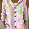 Women's Multi-Color Mixed Stars Printed Casual Hooded Button Sweater