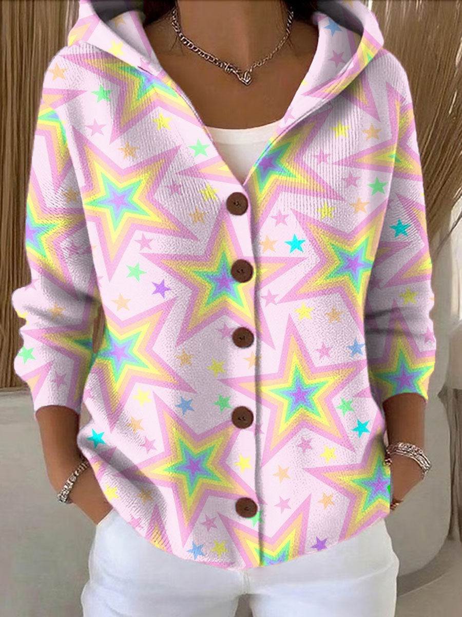 Women's Multi-Color Mixed Stars Printed Casual Hooded Button Sweater