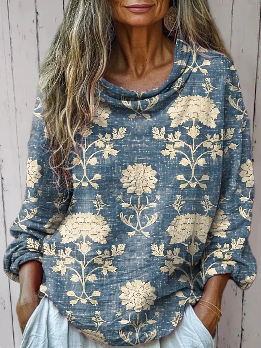 Women's Vintage Floral Art Print Casual Long Sleeve Comfortable Cotton Shirt