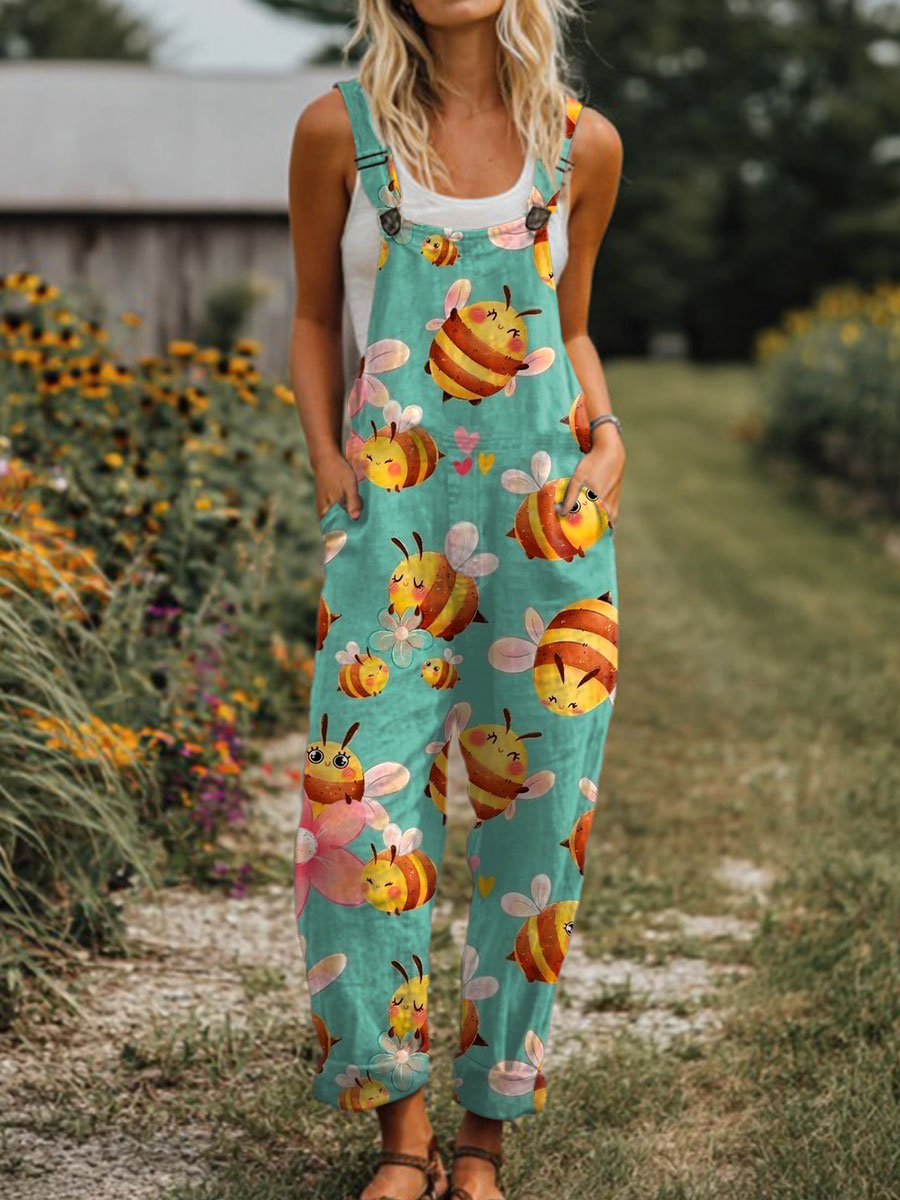 Women's  Funny Bee  Art Print Casual 100% Cotton Wide Leg Jumpsuit