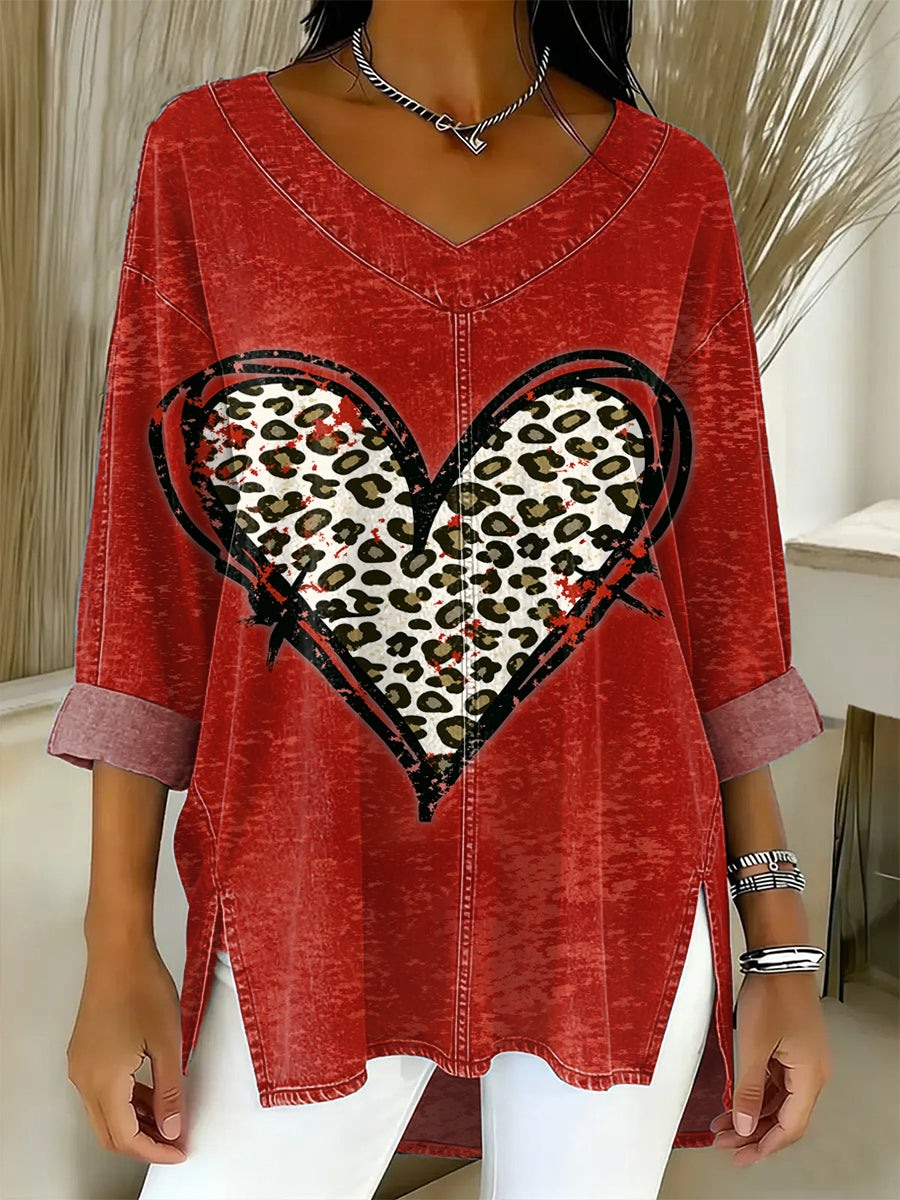 Women's Valentine's Day Retro Heart Art Art Patterns Casual Washed Denim Cotton Top