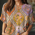 Damen-Vintage-Kunst-Ethno-Blumenmuster-Freizeit-Rundhals-Kurzarm-Strickpullover-l6qz 