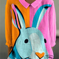 Women's Easter Bunny Colorful Art Print Casual Cotton And Linen 3/4 Sleeve Shirt