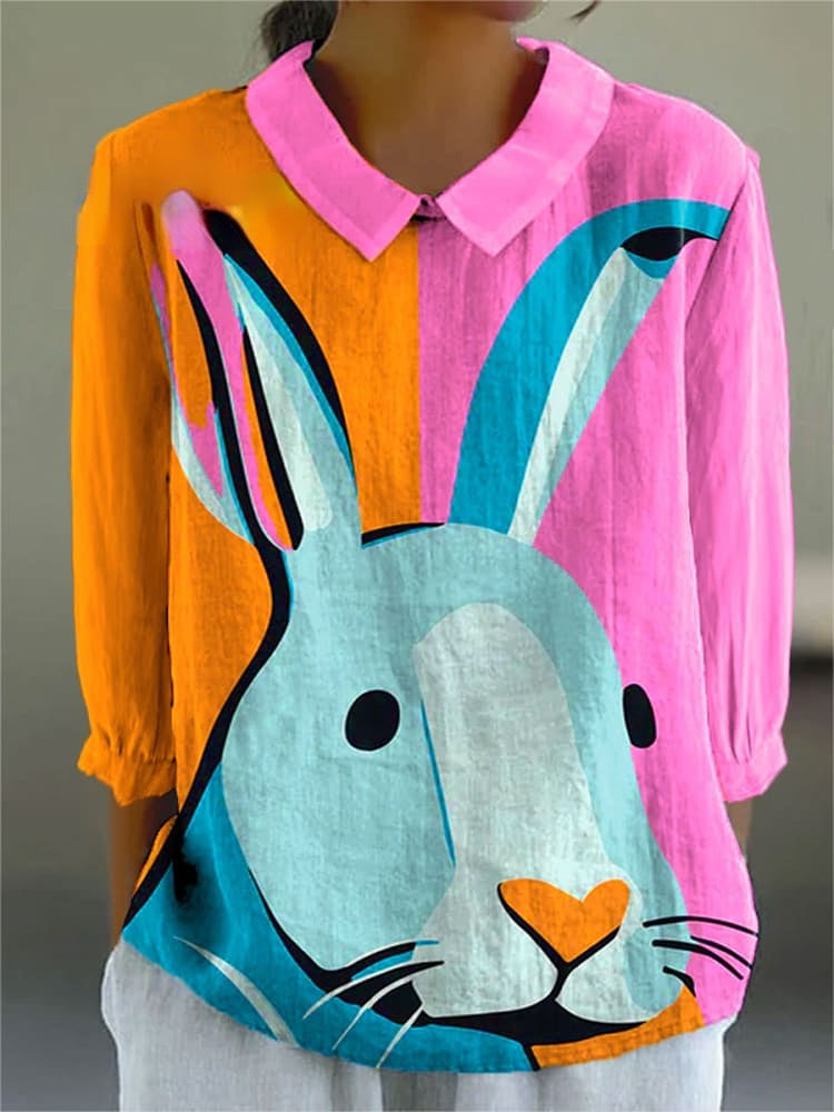 Women's Easter Bunny Colorful Art Print Casual Cotton And Linen 3/4 Sleeve Shirt