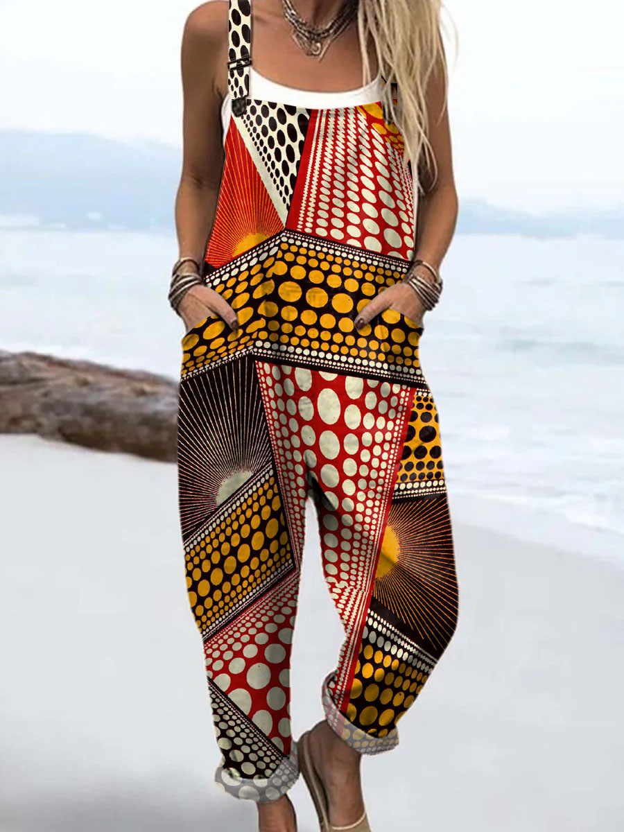 Women's Abstract Geometric Pattern Art Print Casual 100% Cotton Wide Leg Jumpsuit