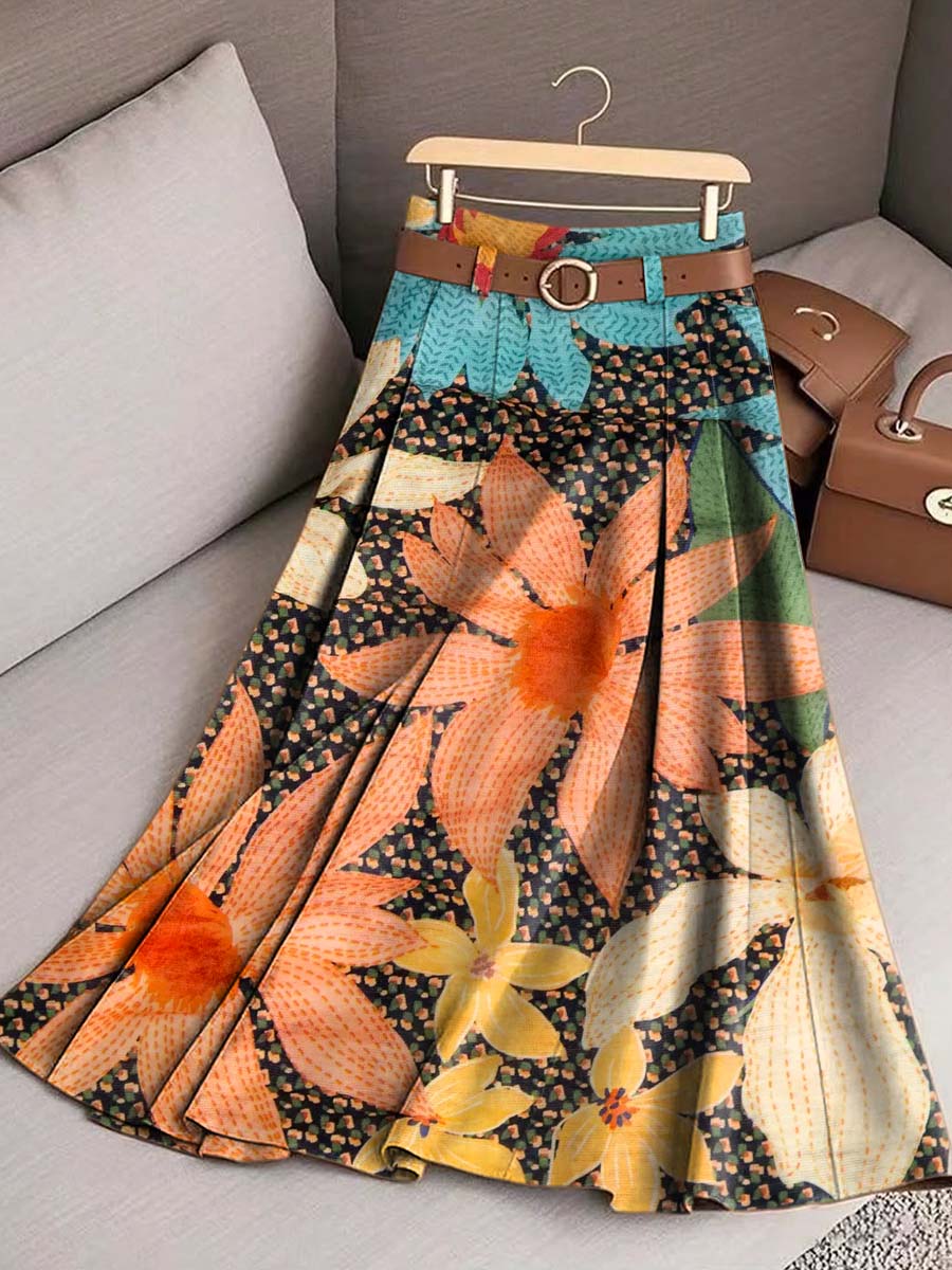 Women's Vintage Floral Pattern Art Print Casual Cotton Skirt
