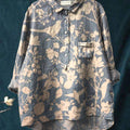 Women's Retro White Flower And Bird Print On Blue Background Print Casual Cotton And Linen Shirt