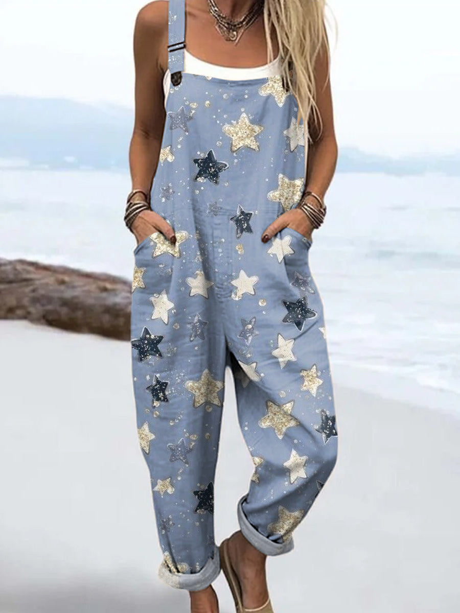 Women's Cute Stars Drawing Art Print Casual 100% Cotton Wide Leg Jumpsuit
