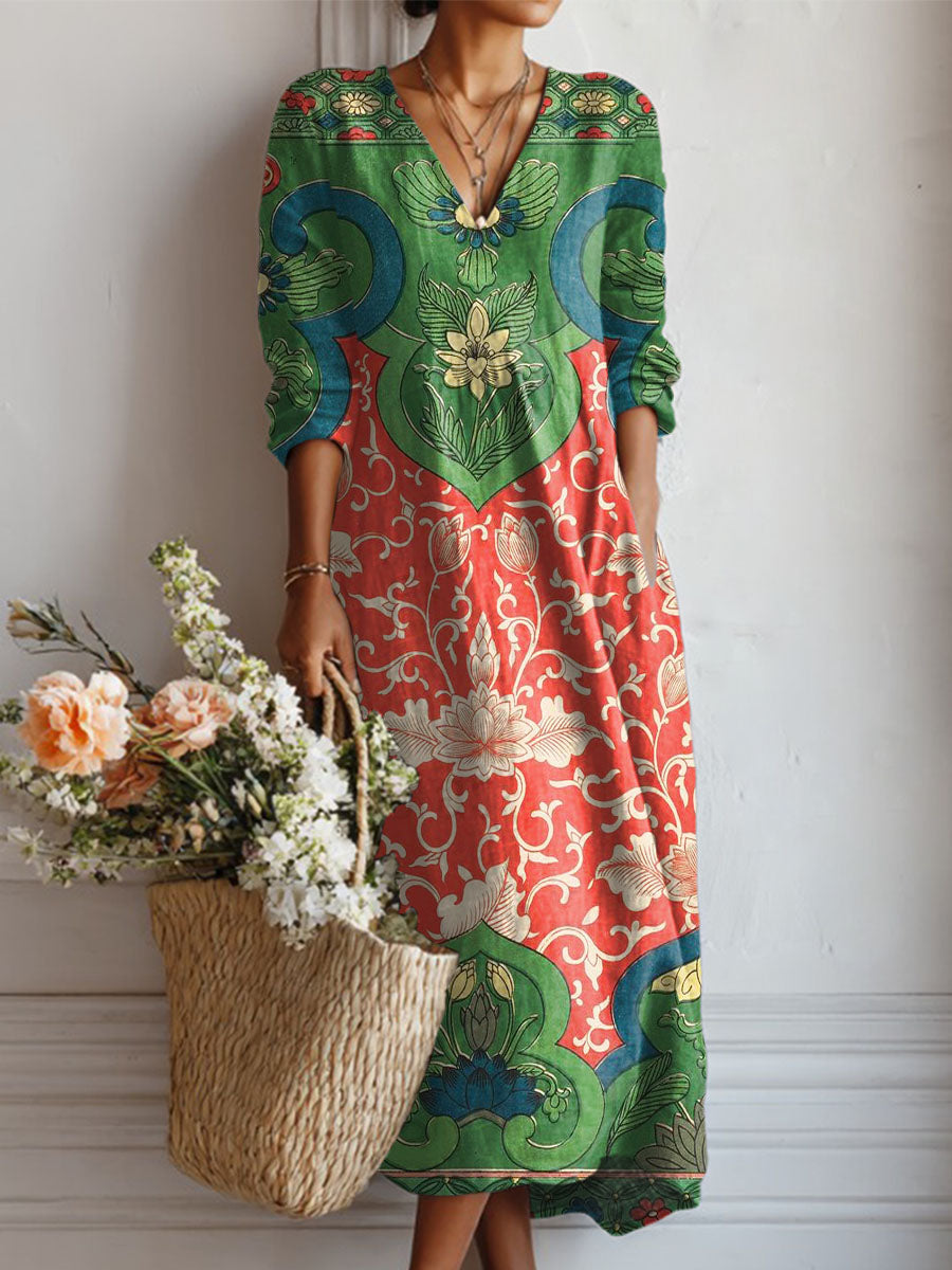 Women's Vintage Floral Art Print Casual Cotton Linen Pocket Dress