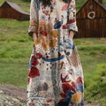 Women's Vintage  Embroidery Floral Art  Print Pocket V-neck Cotton Dress