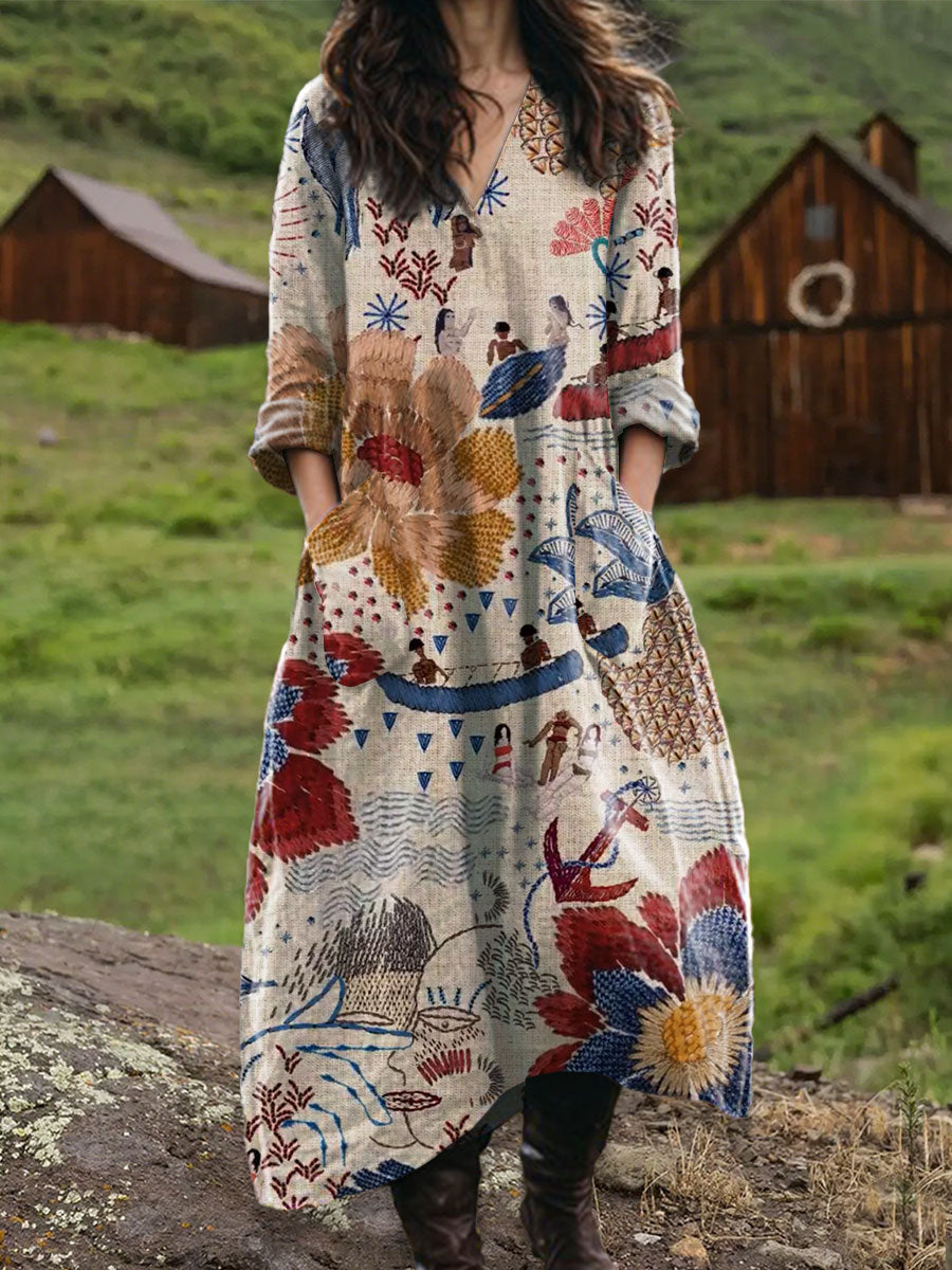 Women's Vintage  Embroidery Floral Art  Print Pocket V-neck Cotton Dress