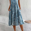 Dusty Blue Plants Print A Line Sleeveless Dress