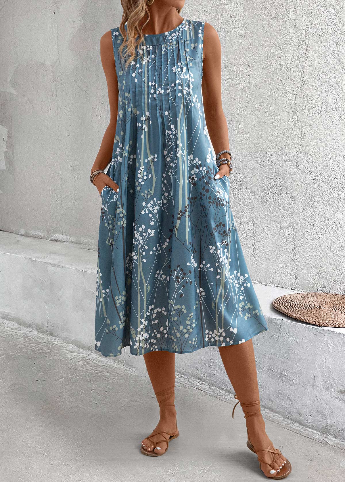 Dusty Blue Plants Print A Line Sleeveless Dress