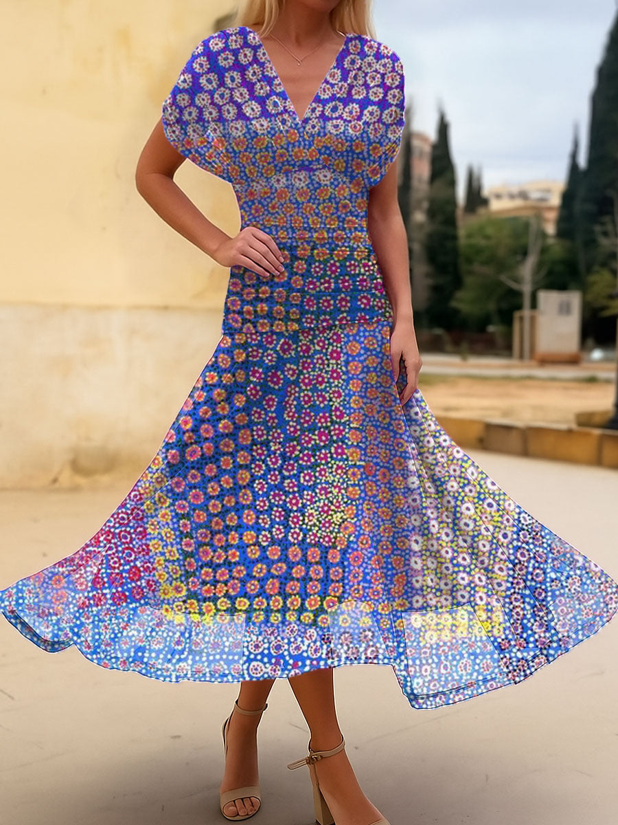 Women's Vintage Flower Art Print  Flowy Casual Dress