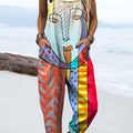 Damen-Jumpsuit mit farbenfrohem, abstrakt-realistischem Gesichtsdruck, 100 % Baumwolle, weitem Bein 