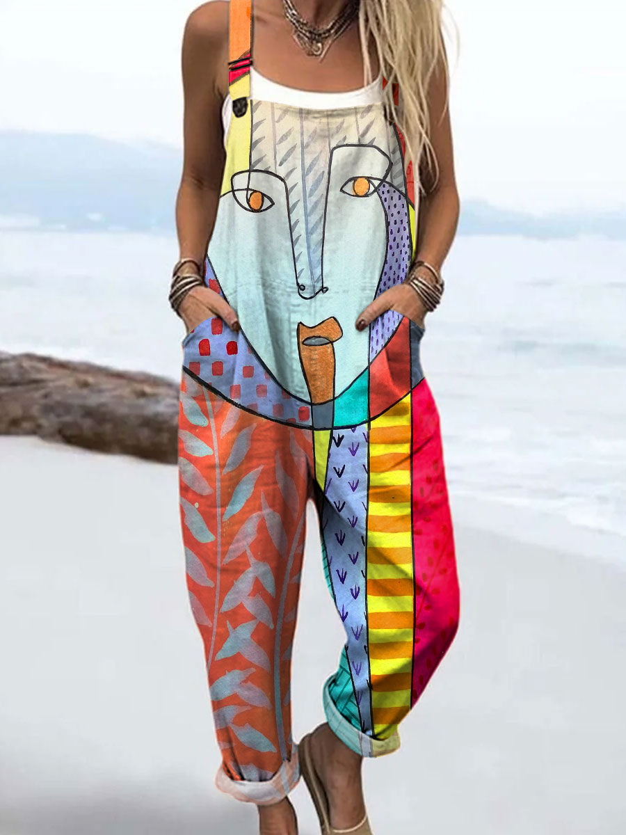 Women's Colorful Abstract Realistic Face Art Print Casual 100% Cotton Wide Leg Jumpsuit
