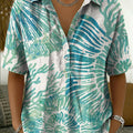 Retro Color-block Botanical Line Print Cotton-linen Short-sleeve Shirt