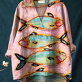 Women's Vintage Fish Art Print Casual Cotton And Linen V-neck Shirt