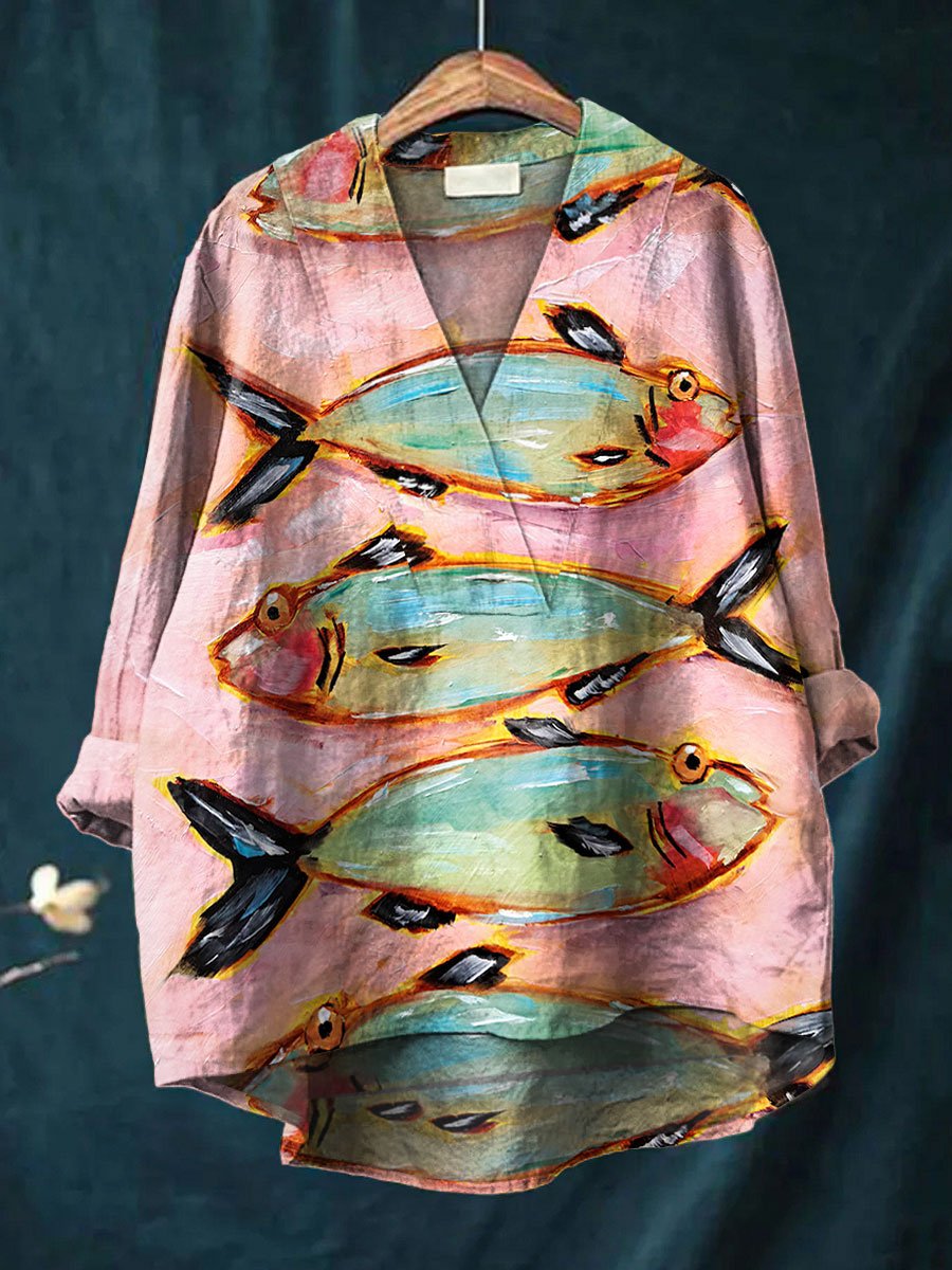 Women's Vintage Fish Art Print Casual Cotton And Linen V-neck Shirt