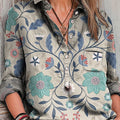 Women's Vintage Ethnic Geometric Floral Painting Art Print Casual Cotton And Linen Shirt