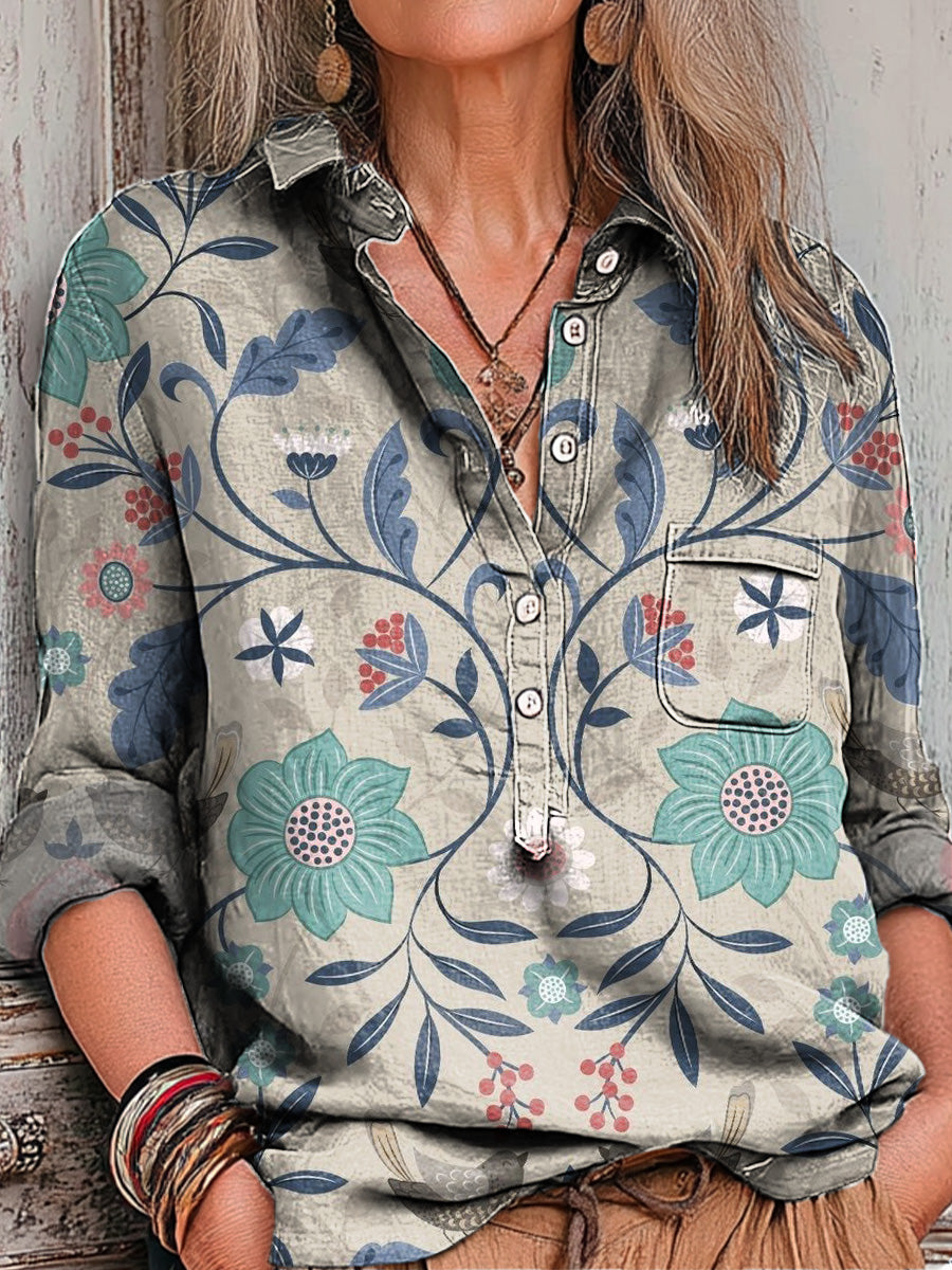 Women's Vintage Ethnic Geometric Floral Painting Art Print Casual Cotton And Linen Shirt