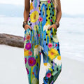 Women's Vintage Floral Art Print Casual 100% Cotton Wide Leg Jumpsuit