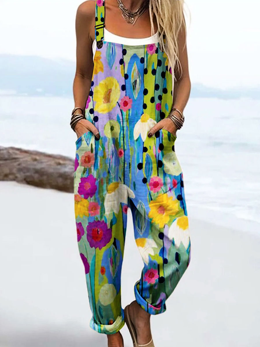 Women's Vintage Floral Art Print Casual 100% Cotton Wide Leg Jumpsuit