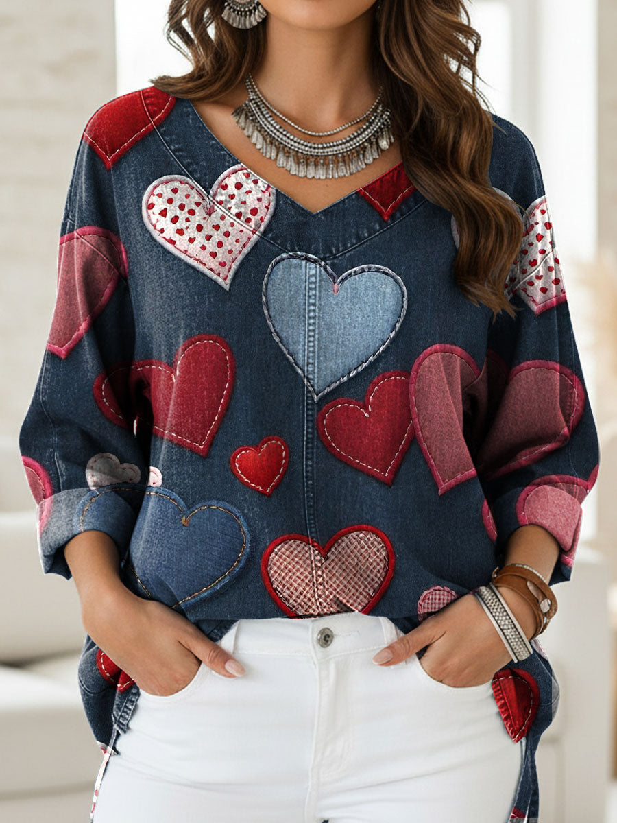 Women's Vintage Heart Art Print Casual Denim Shirt