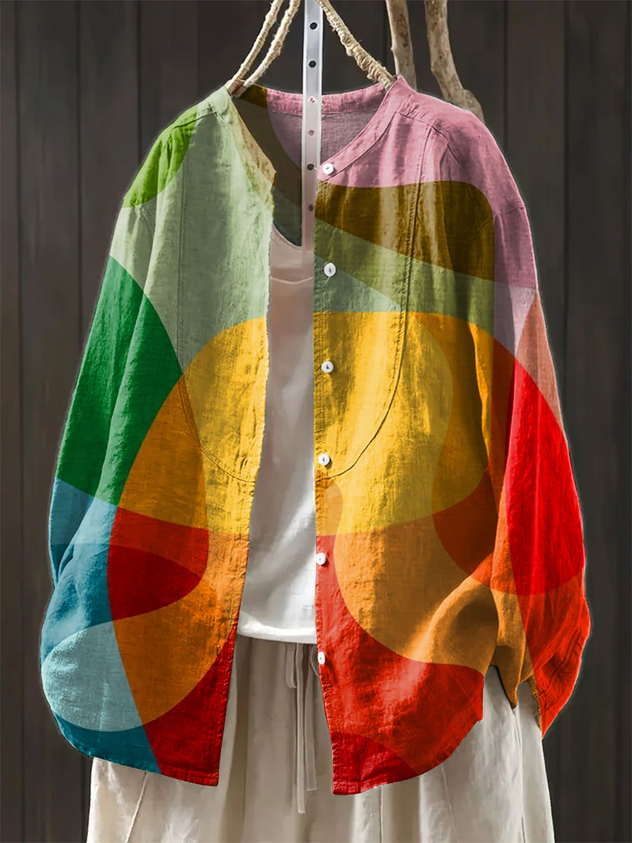 Women's Geometry Colors Abstract Art Print Casual Cotton And Linen Shirt