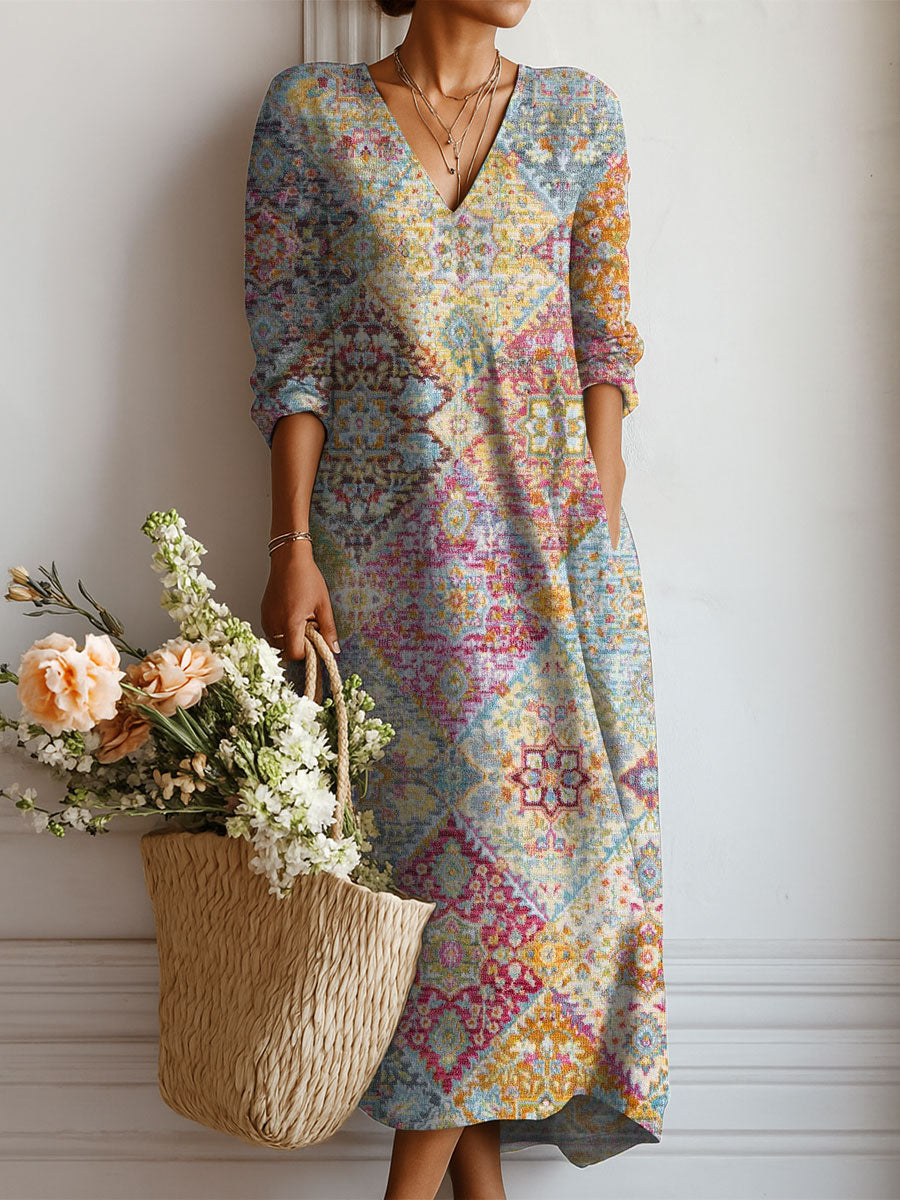 Women's Vintage Pattern Art Print Linen Pocket Dress